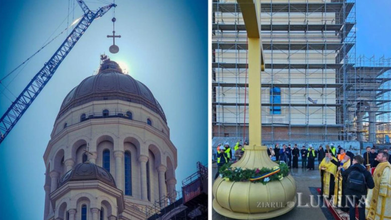 Crucea de 7 tone a fost montată pe turla mare a Catedralei Naționale